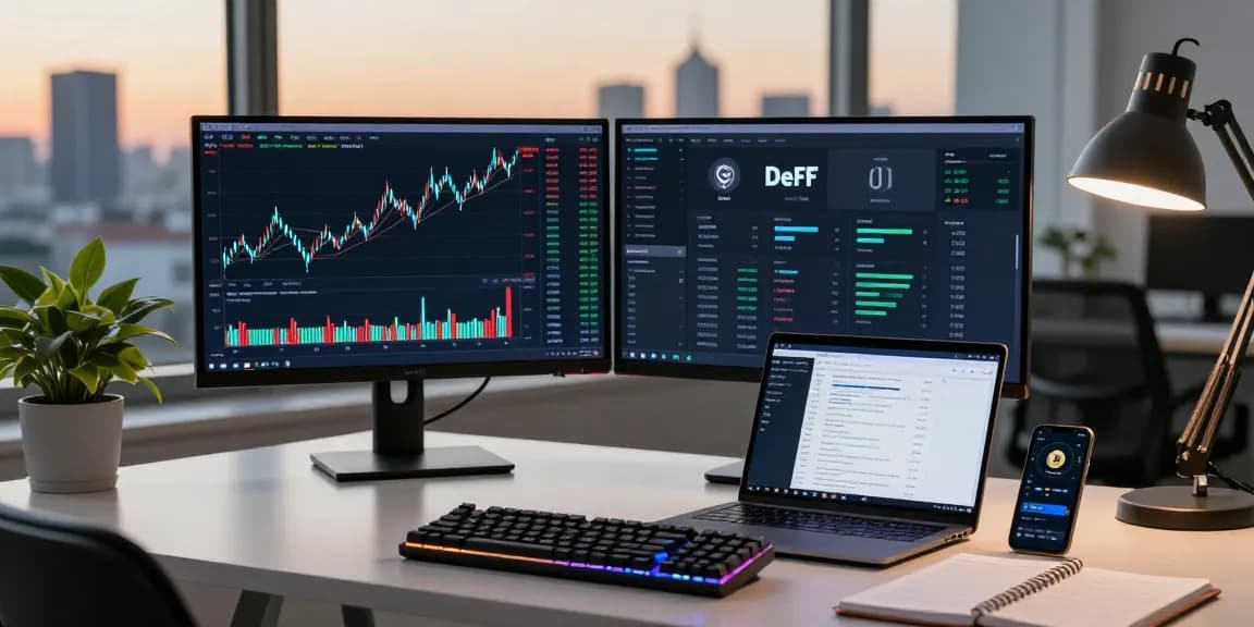 spy stock trading scene with dual monitors displaying cryptocurrency prices and DeFi metrics in a modern setup