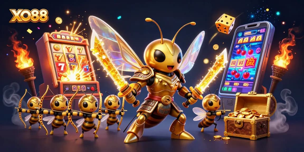 XO88 captures the excitement with a golden hornet and slot machine jackpot explosion in vibrant 3D art.