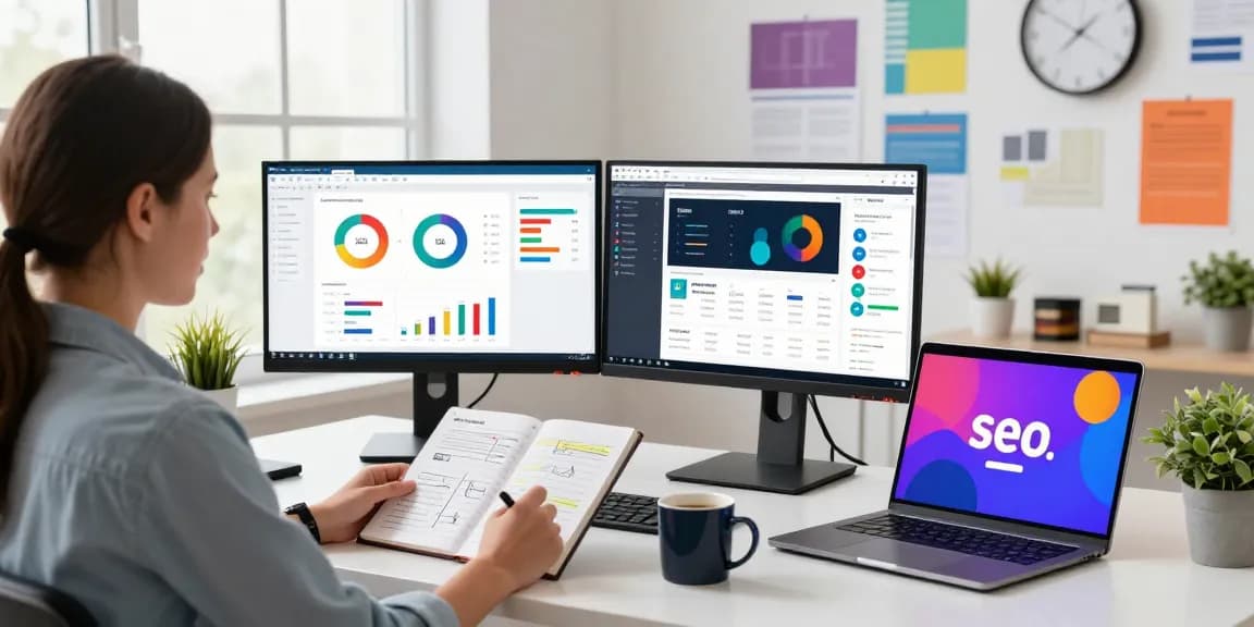 Strategist analyzing digital marketing data for Homge page links for boost in a vibrant office.