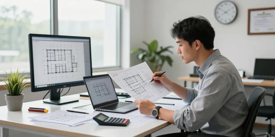 Licensed engineer consulting on projects as an engineering expert witness in Missouri with technical drawings and tools.