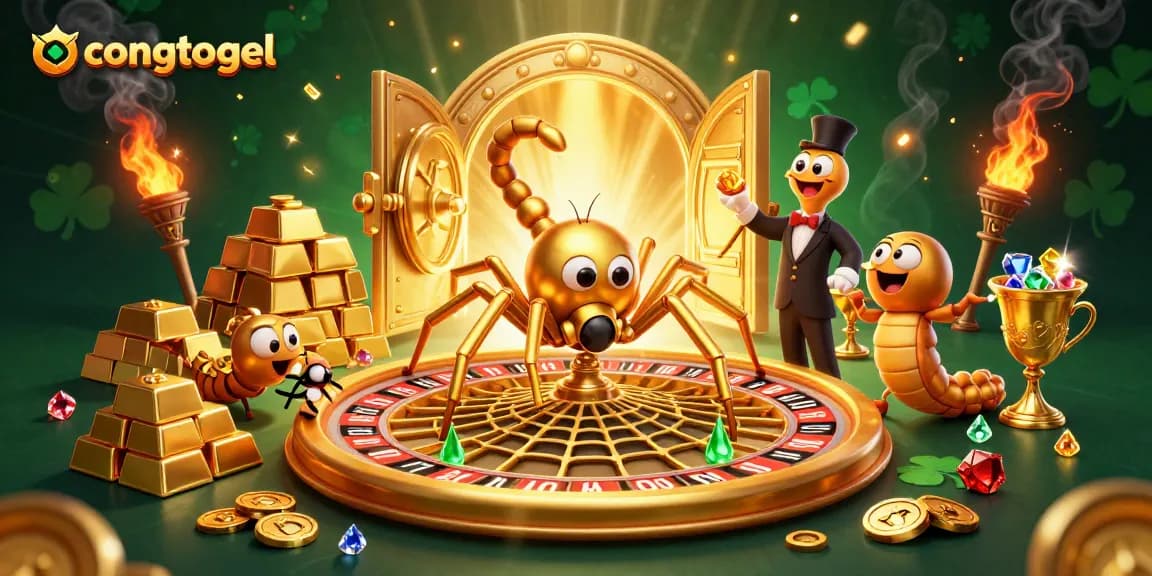 Engage with congtogel as a golden spider spins luck at a thrilling roulette wheel scene.