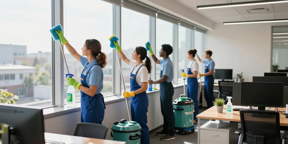 Gebäudereinigung Dortmund durch professionelles Team in modernem Büro mit umweltfreundlichen Reinigungsmitteln.