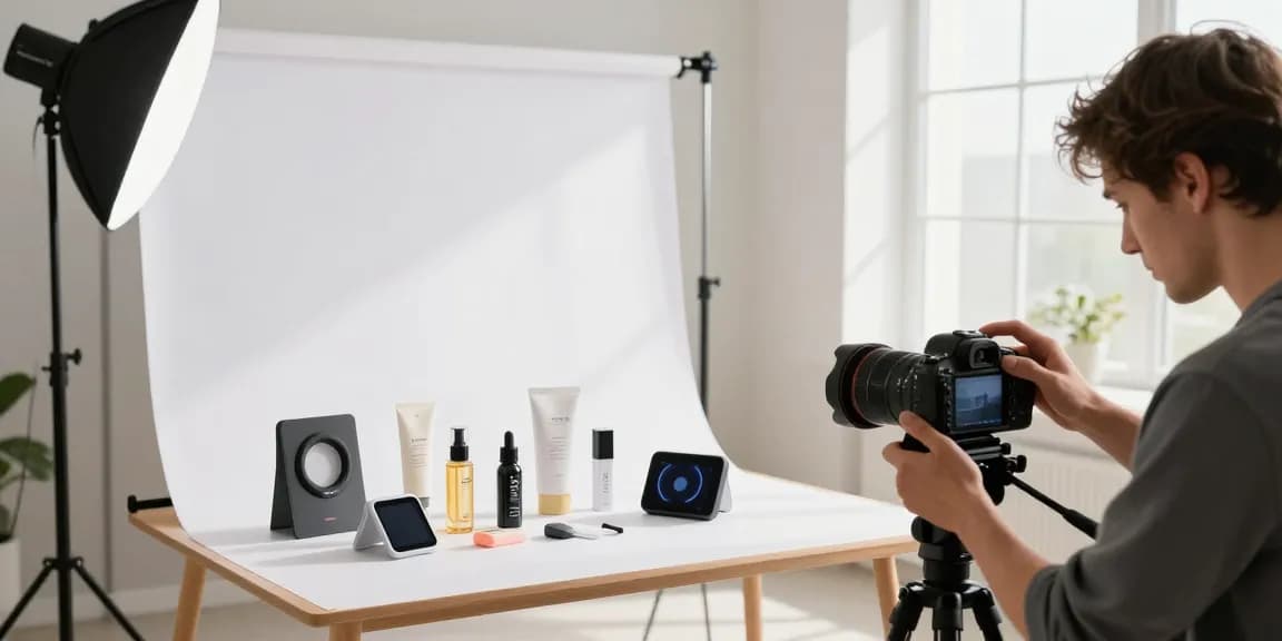 Photographie de produits en studio montrant un photographe professionnel capturant des images de produits variés avec un éclairage soigné.