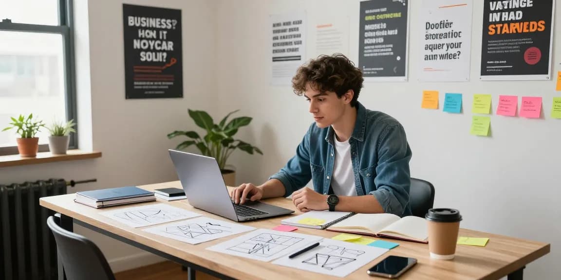 Entrepreneur brainstorming business ideas at https://www.startsomethingpc.com with motivating elements in a bright workspace.