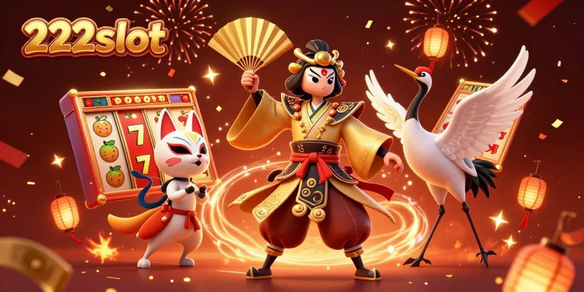 Menginformasikan kemenangan pemain di 222slot melalui ilustrasi permainan slot yang meriah dan berwarna.