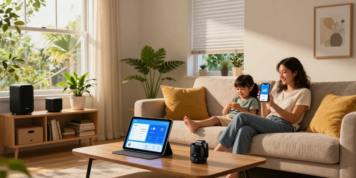 IKEA smart home devices enhancing a stylish family living room with smart lighting and automated blinds