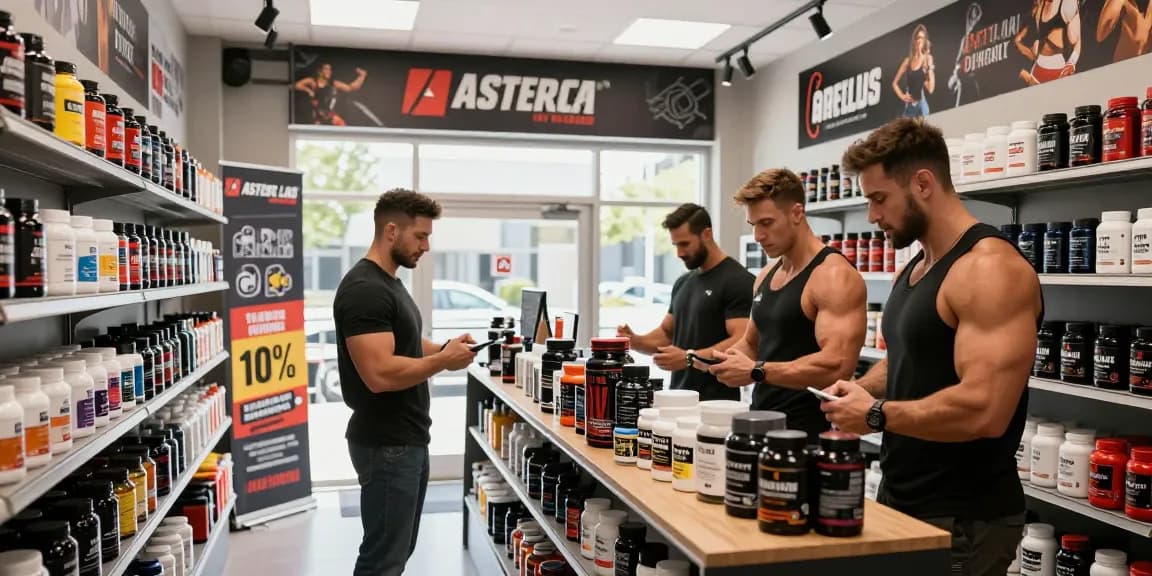 Astera Steroids Shop featuring athletes exploring quality products in a vibrant fitness store.