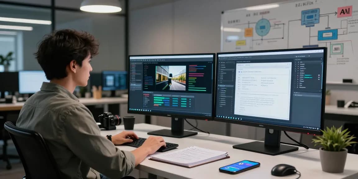 Analysis of an ai image checker tool in a modern tech workspace showing AI algorithms and results.