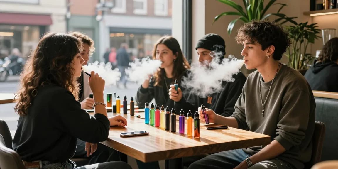 Vape lifestyle scene capturing youthful energy at 蒸氣天堂, friends enjoying vaping in an urban café