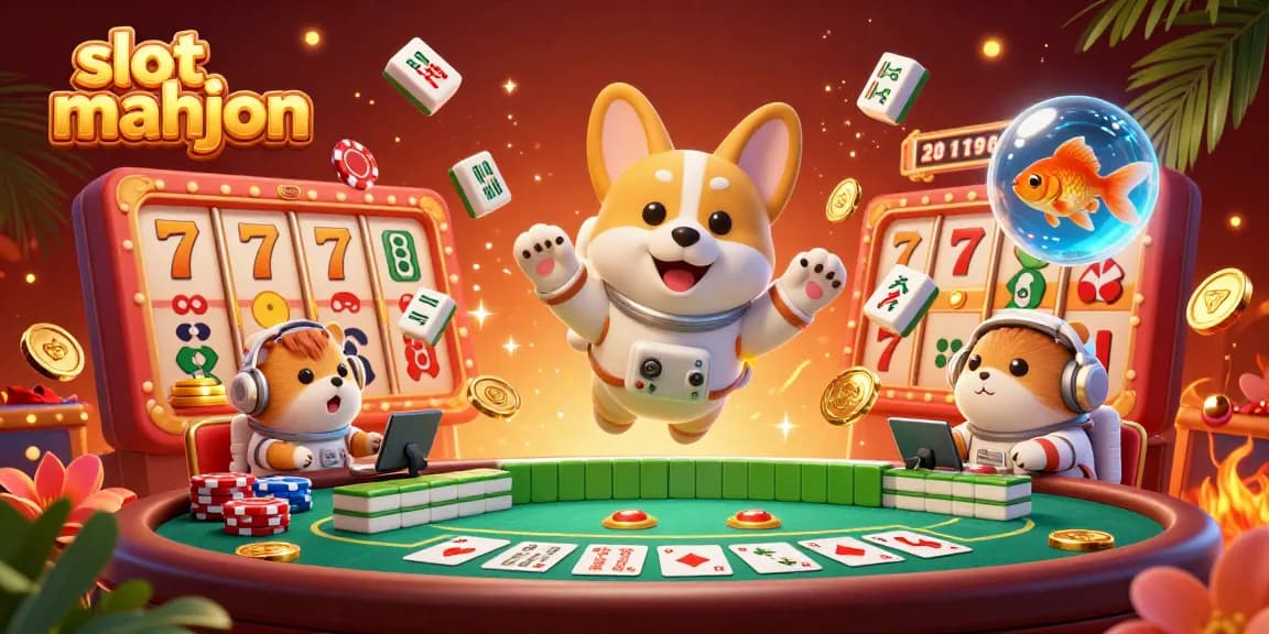 Experience the thrill of slot mahjong with a colorful 3D illustration featuring a playful corgi in a casino.