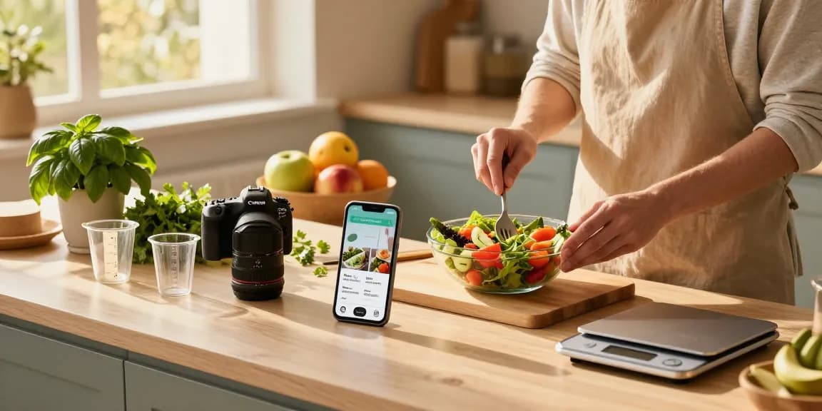 Home cook preparing healthy salad in kitchen showcasing best food tracking apps for meal logging.