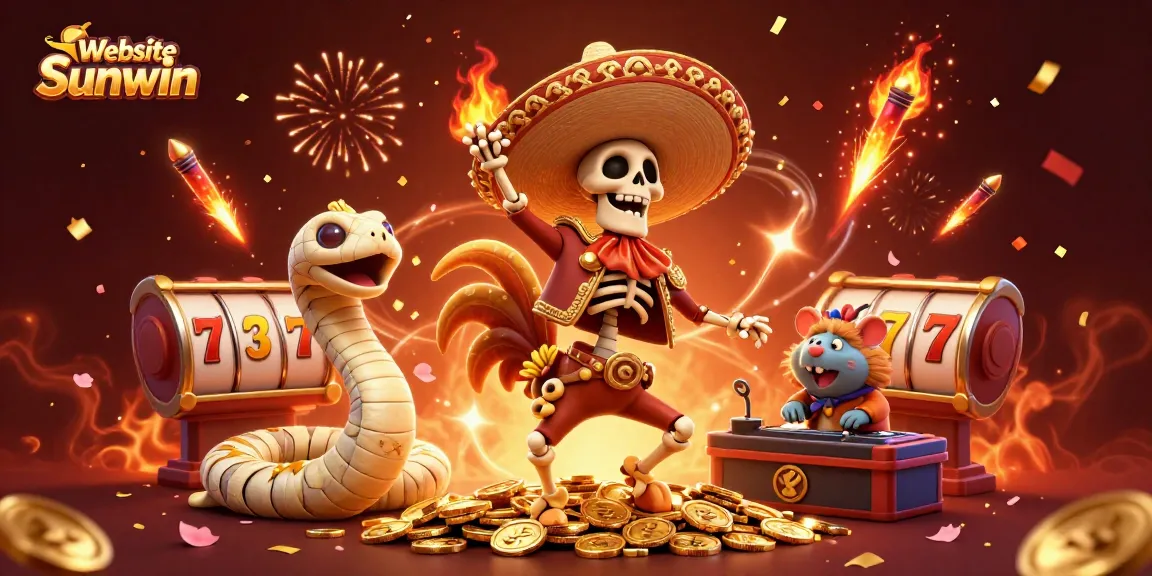 Experience the thrill at Website Sunwin with vibrant gaming characters amidst festive casino elements.