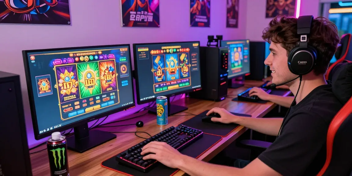 Dynamic scene showcasing a gamer engaged in online slot deposit 5000 gaming experience with vibrant graphics and gaming setup.