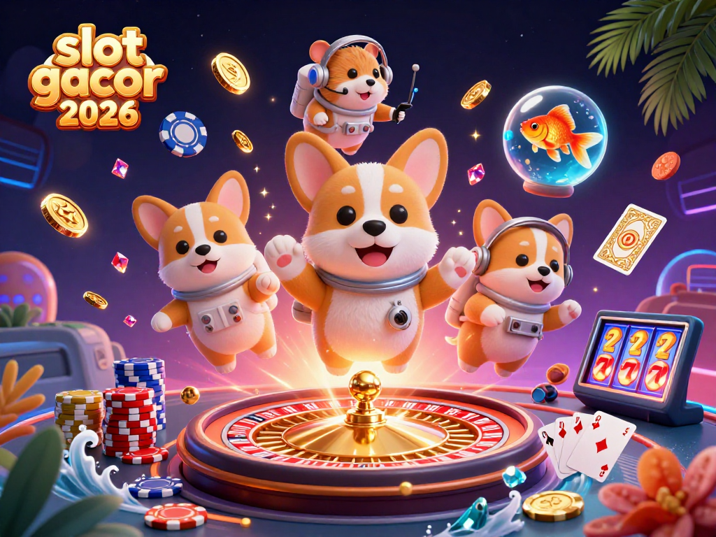 Slot gacor 2026 hadir dengan corgi astronot dan hamster memberikan instruksi di kasino luar angkasa.