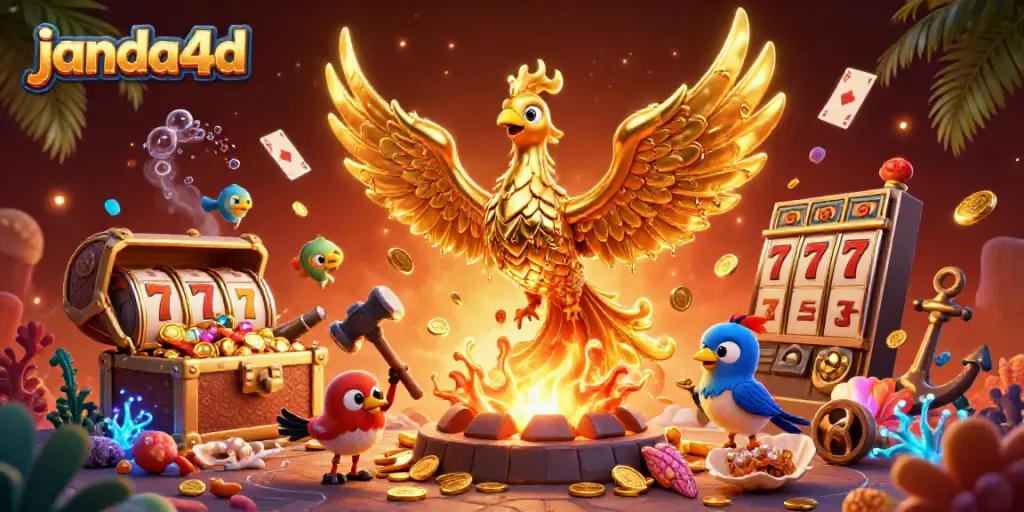 Permainan slot mendebarkan dengan phoenix emas mencair di janda4d, menghasilkan koin dan kesenangan.