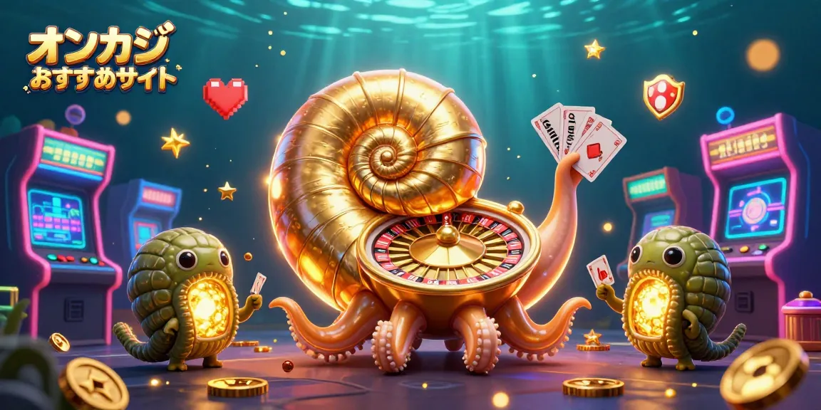 オンカジおすすめサイトのイラストでは、古代の巨大なナウティルスと共にカジノゲームが楽しめる魅力を表現しています。
