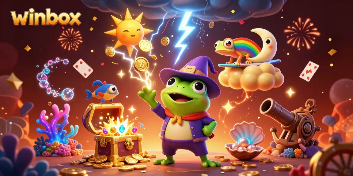 Winbox promotes exciting gameplay with a wizard frog and chameleon in a vibrant casino scene.