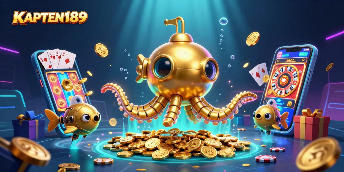 KAPTEN189 memamerkan permainan slot online dengan karakter 3D menarik di lautan koin emas.