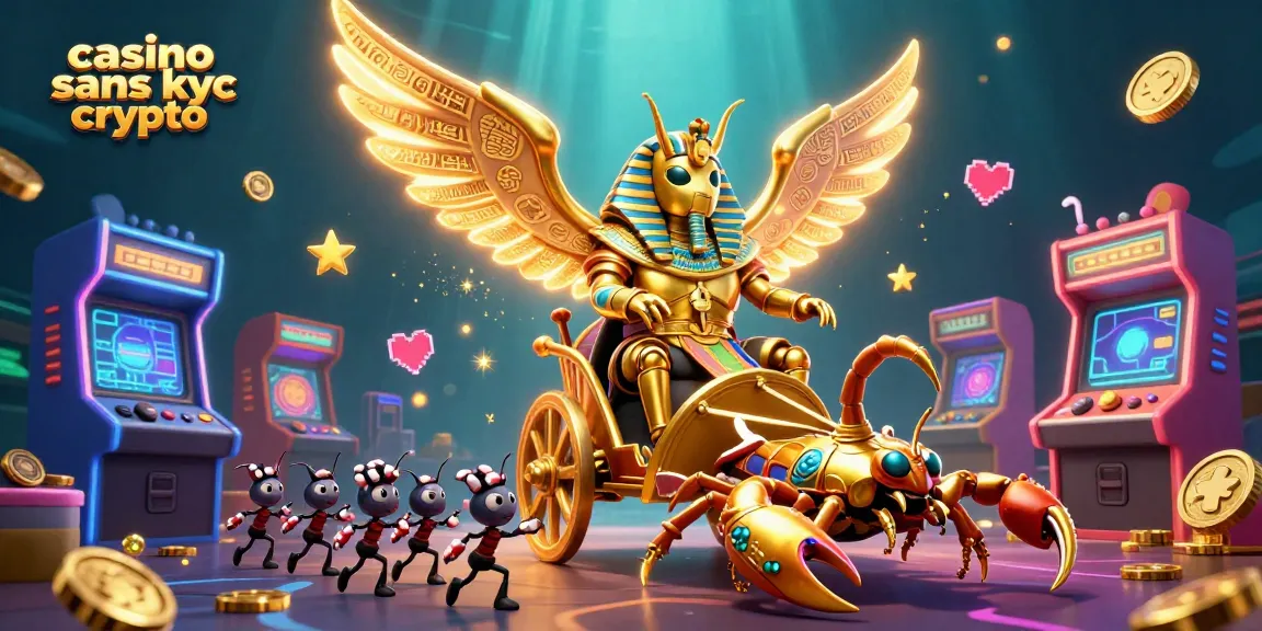 Joignez-vous à l'aventure du casino sans KYC crypto avec un scarabée doré colossal et ses compagnons dans une scène dynamique.