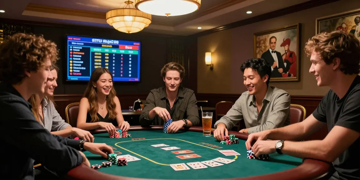 A group enjoying a lively poker night at a casino table featuring situs raja328 games, vibrant casino atmosphere.