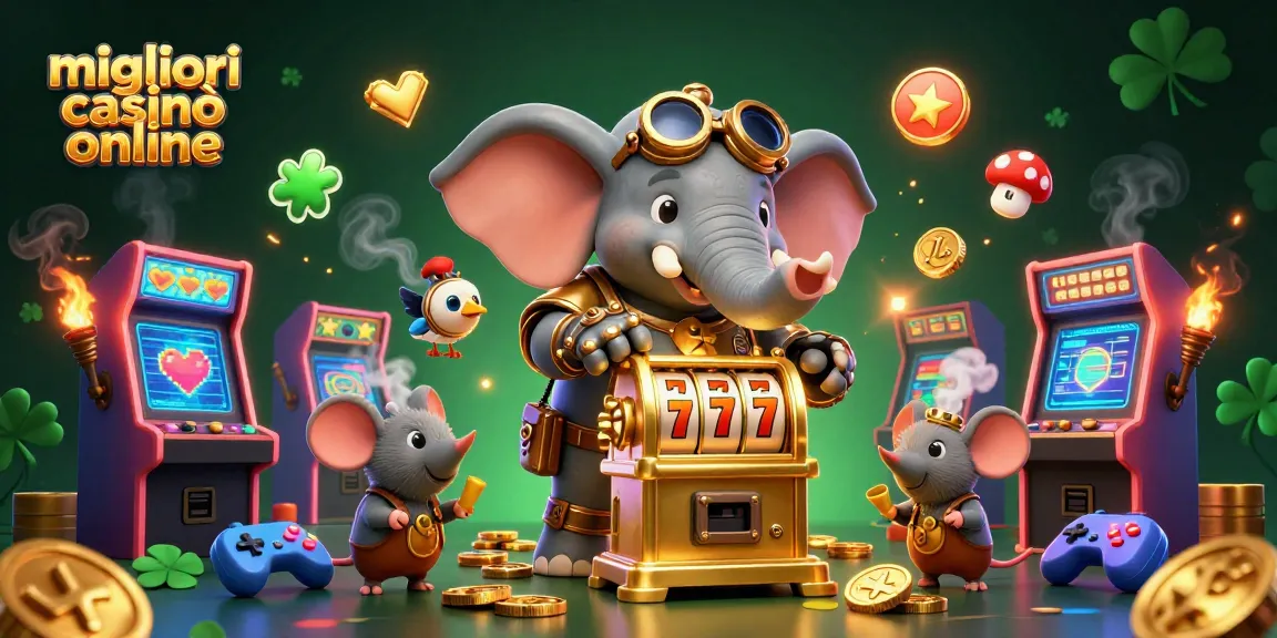 Gioca ai migliori casinò online con un ingegnere steampunk e slot dorate in un'illustrazione 3D.