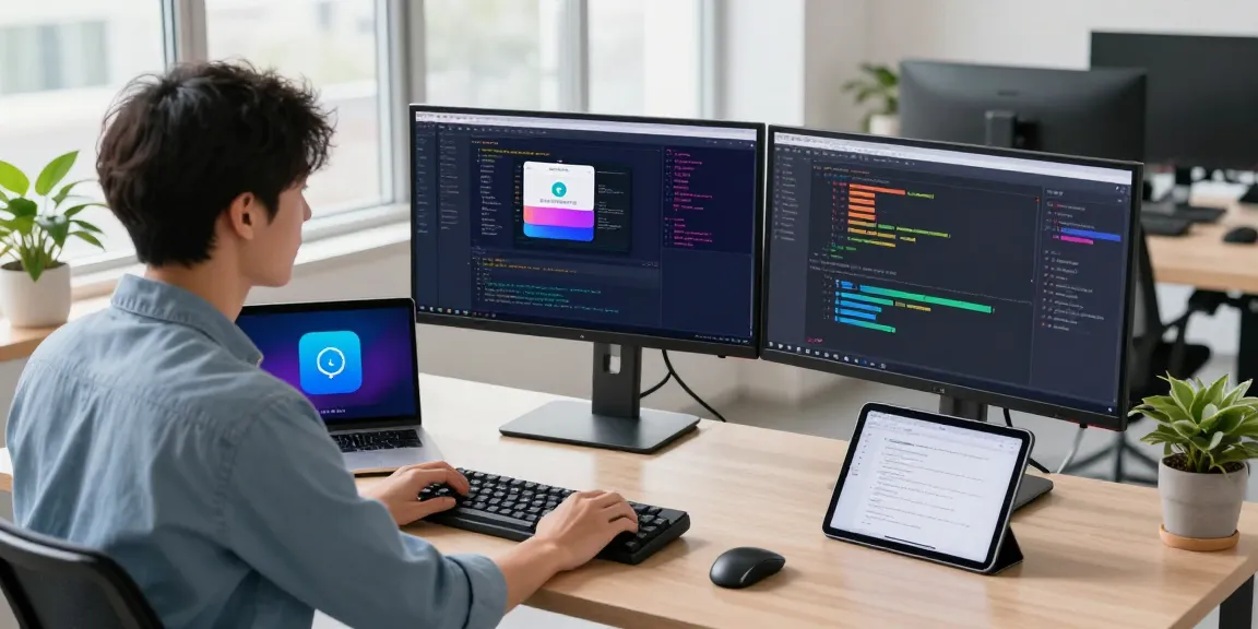 Young professional coding in a bright tech workspace with 纸飞机中文版 installation on screen, showcasing a modern coding environment.