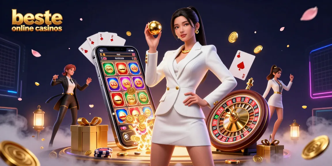 Discover the beste online casinos through a vibrant 3D illustration showcasing a confident Asian woman with casino elements.