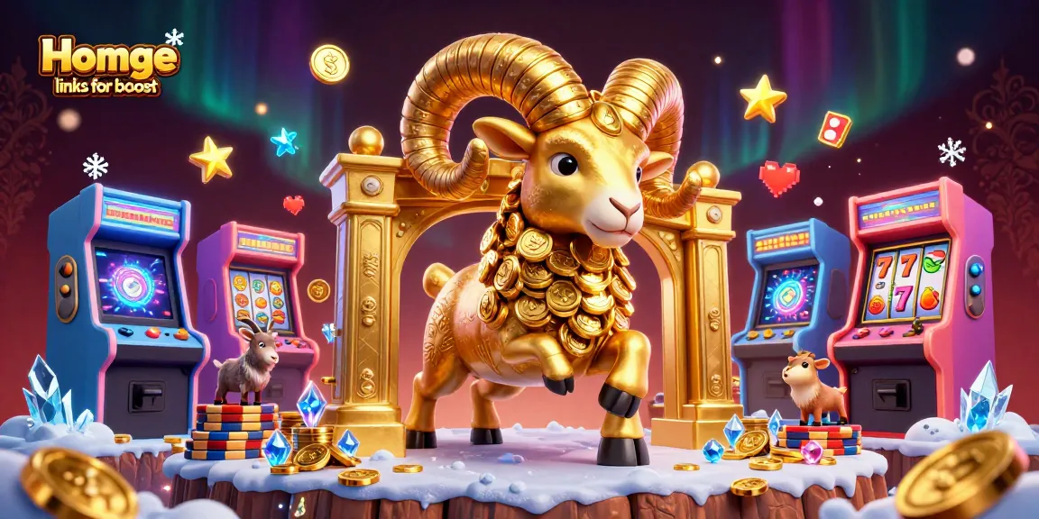 Interactive scene showcasing Homge page links for boost with a golden ram charging amidst vibrant casino elements.