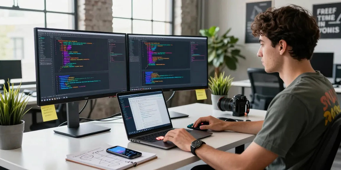 Workspace of a software developer at teiegramin.com featuring dual monitors with code and design, promoting productivity.