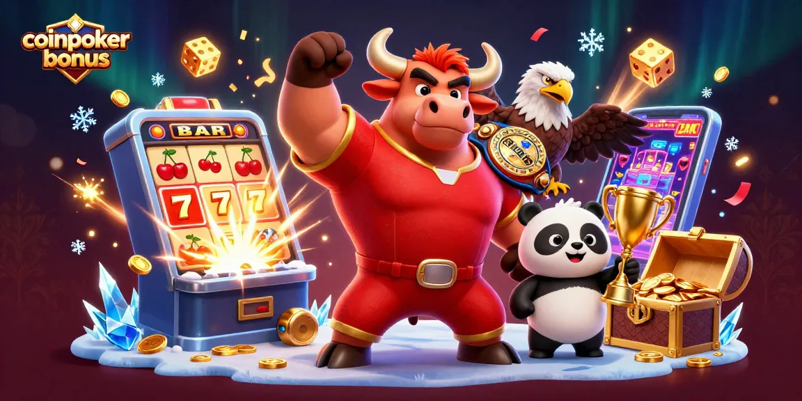 Jouez au CoinPoker bonus avec le taureau, l'aigle et le panda dans une scène de casino captivante.