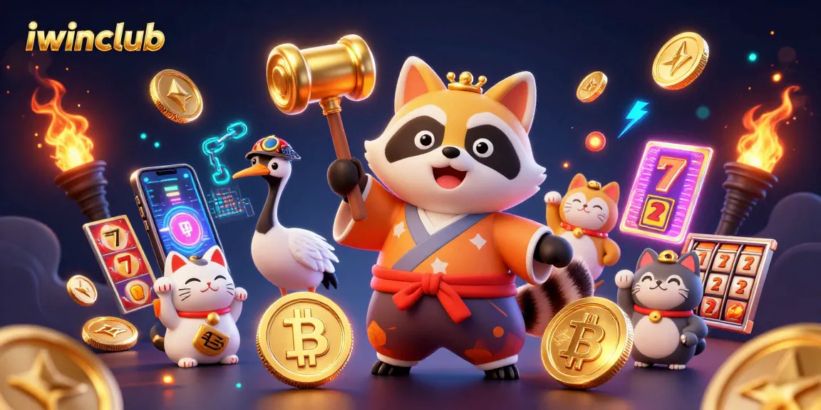 Play at iwinclub with cheerful tanuki and lucky symbols enhancing your gaming experience.