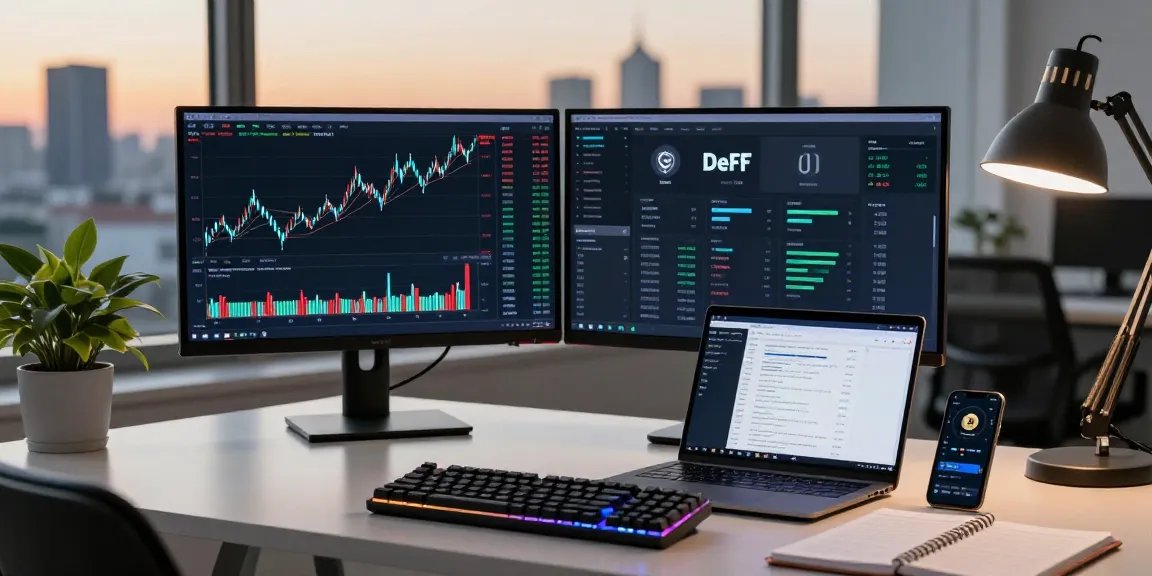spy stock trading scene with dual monitors displaying cryptocurrency prices and DeFi metrics in a modern setup