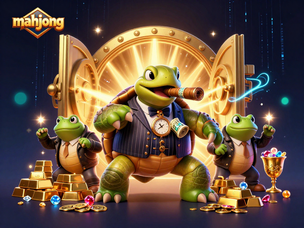 Experience mahjong excitement with our vibrant casino illustration featuring mafioso turtle and bullfrog enforcers.