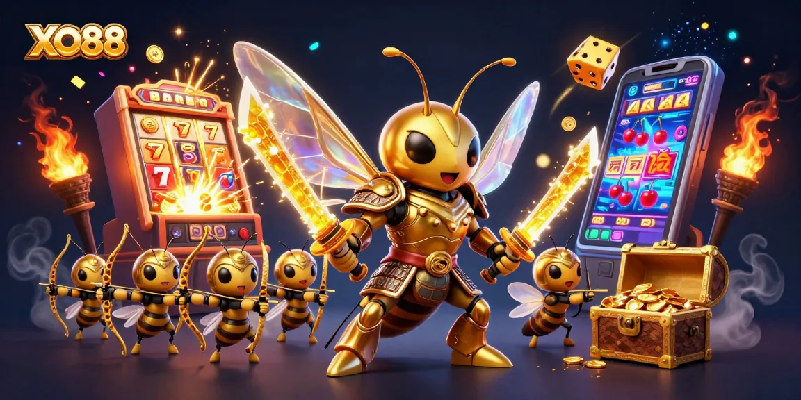XO88 captures the excitement with a golden hornet and slot machine jackpot explosion in vibrant 3D art.