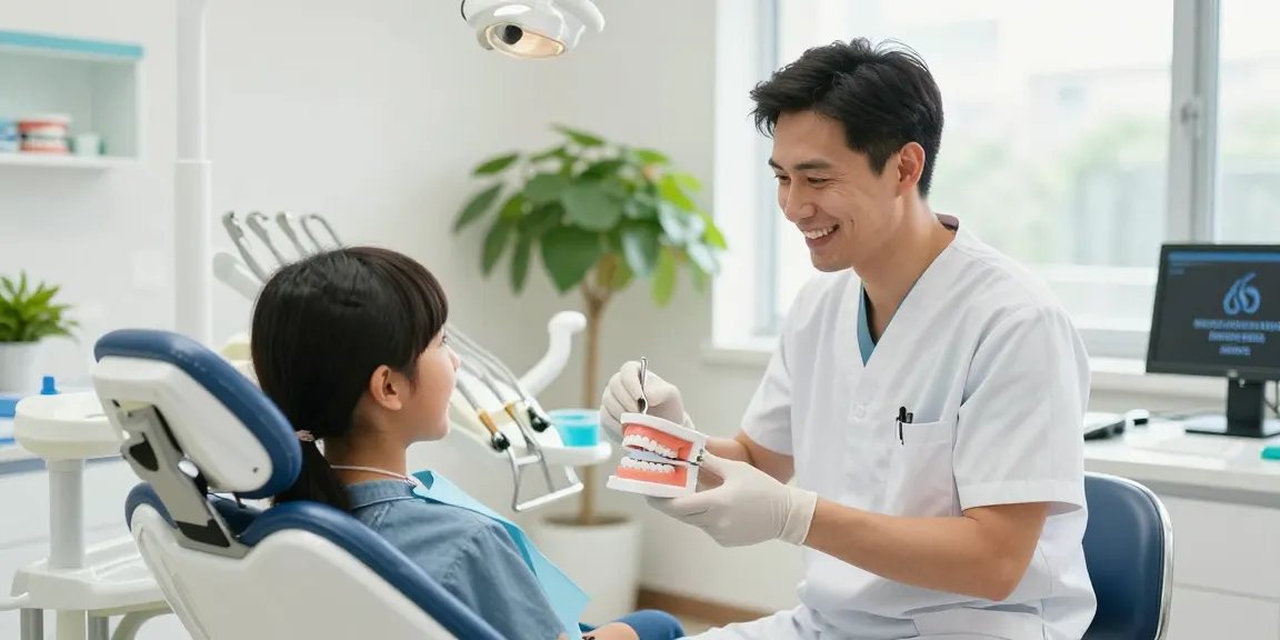 Dentist engaging with a young patient, showing a model to discover more here about dental care in a bright clinic.