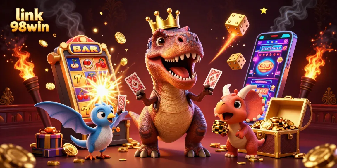 Join the action at link 98win as a cartoon T-Rex shuffles cards with chips flying around in a vibrant casino.