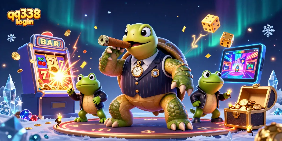 Play exciting slots at qq338 login with colorful symbols and jackpots around a cartoon turtle in a casino setting.