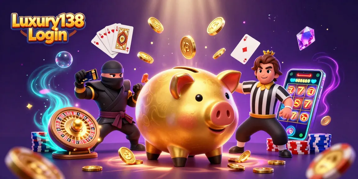 Experience the vibrant Luxury138 Login gaming scene with golden coins cascading around characters.