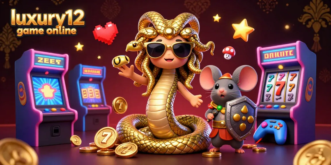 Engage with luxury12 game online in a colorful casino arcade scene featuring Medusa and a warrior mouse.