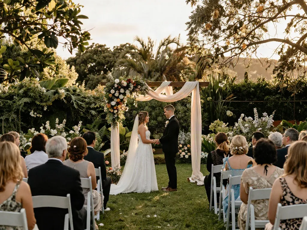 Documentary wedding photographer in Dunedin capturing a couple's intimate ceremony in a lush garden with natural lighting.