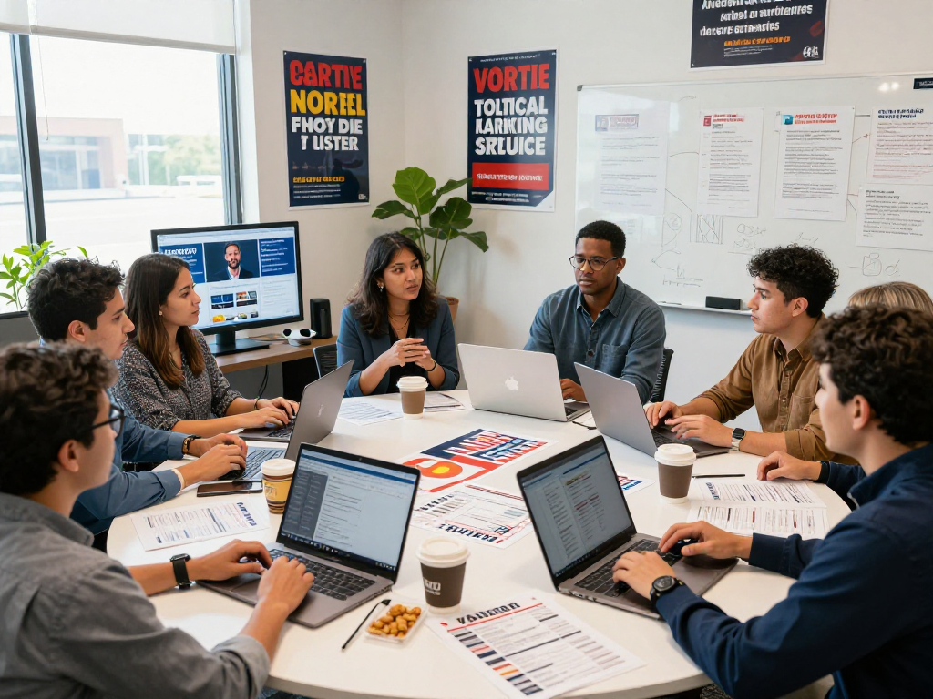 Team strategizing political text messaging service in a vibrant campaign office.