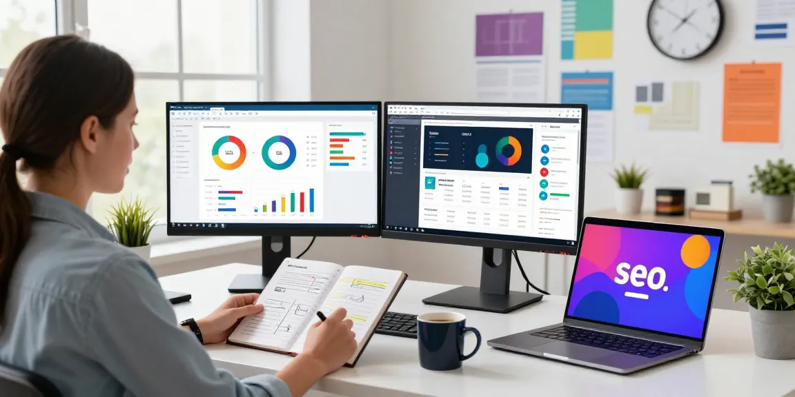 Strategist analyzing digital marketing data for Homge page links for boost in a vibrant office.