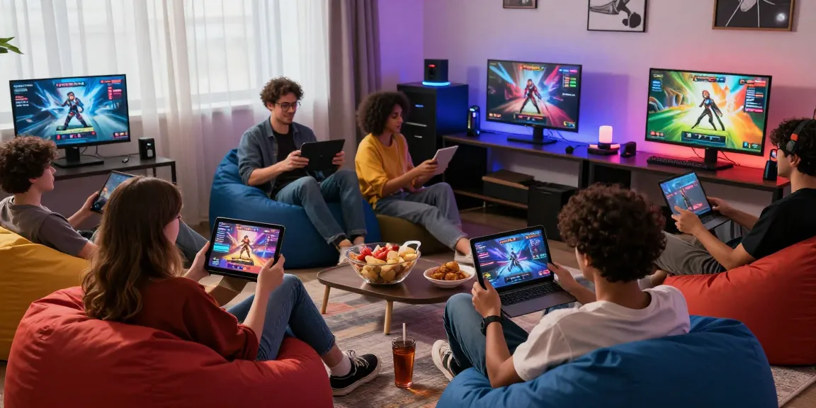 Friends enjoying porngames online on tablets and laptops in vibrant gaming den.