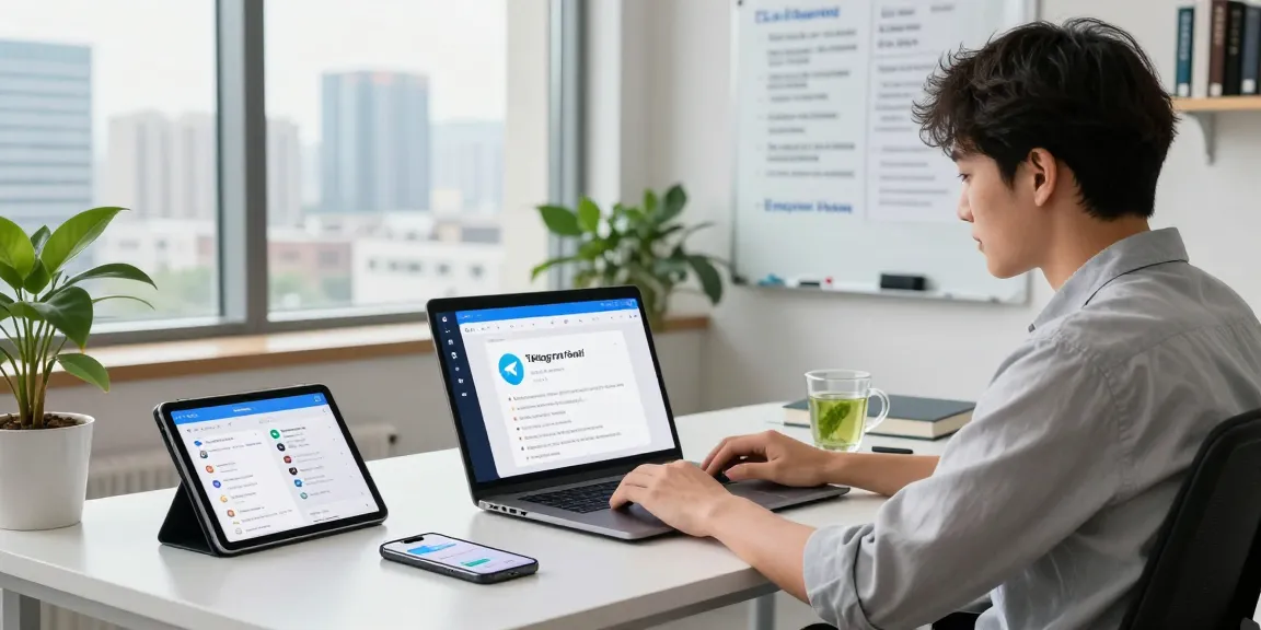 Mastering the Telegram Chinese user guide in a modern workspace with tech gadgets and a city view.