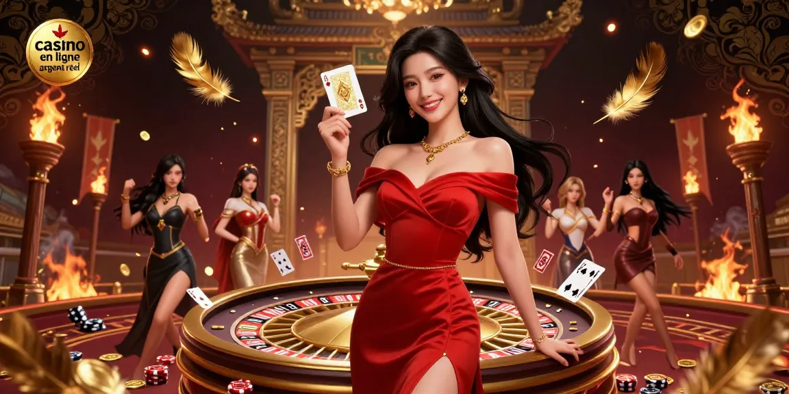 Découvrez le frisson du casino en ligne argent réel avec une femme asiatique élégante tenant une carte à jouer dorée.