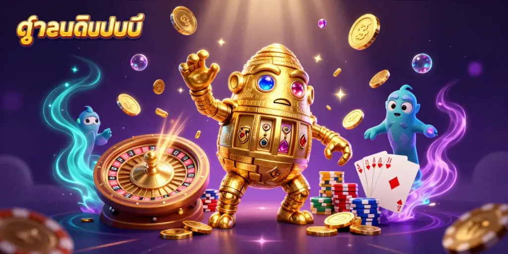 Experience thrilling ดูบอลออนไลน์ action in a vibrant 3D casino illustration with a golden golem and magical elements.