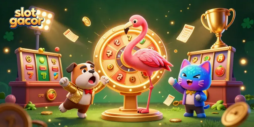 Spin the slot gacor prize wheel with our lively game show host and excited contestants in action!