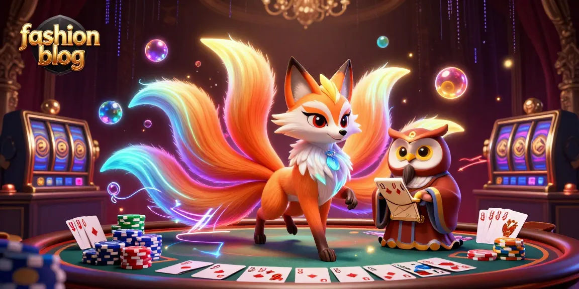 Engaging fashion blog scene highlighting a poker table, neon effects, and mystical characters.