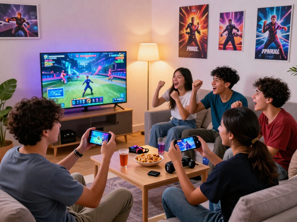 Masayang grupo ng mga tao na naglalaro ng mobile games gamit ang bd188 app sa isang modernong sala.