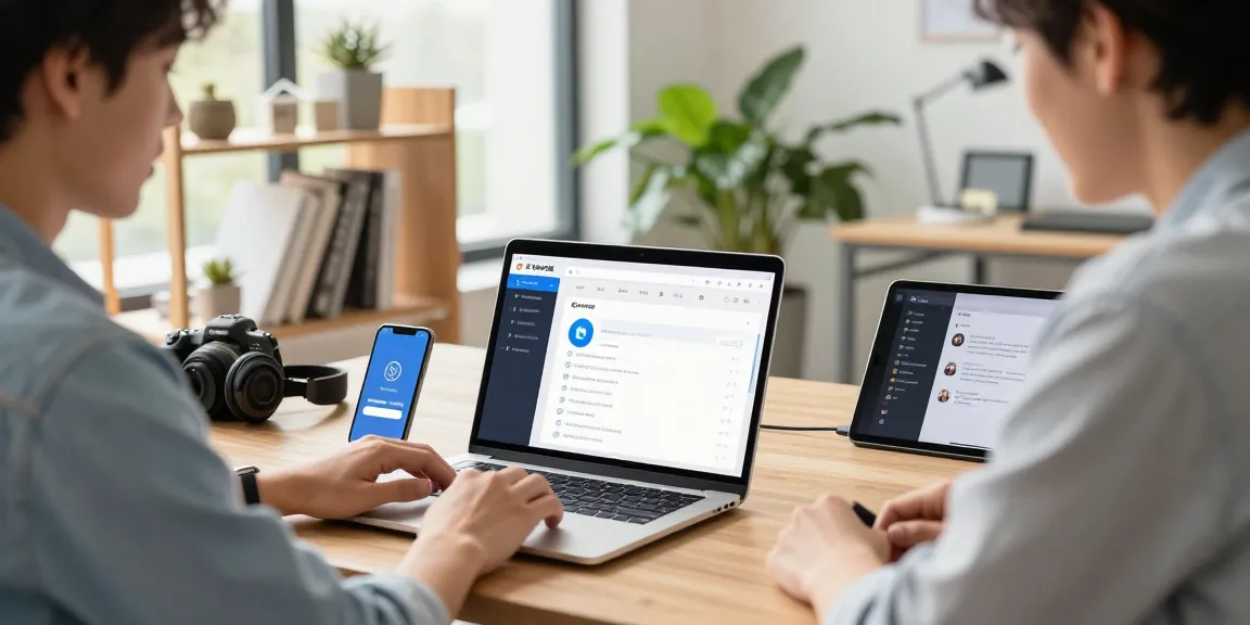 Young professional using 纸飞机中文版 app on a laptop in a modern office.